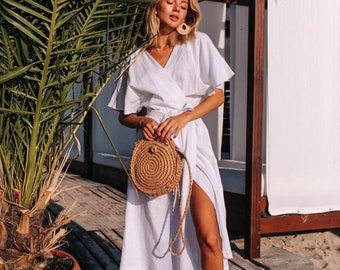 Linen Wrap Dress for Women Long Sleeve Kimono Dress Linen White Wrap Linen Robe for Women Casual Summer Linen Dress