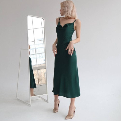 Emerald Green Silk Slip Midi Dress Cowl Neck Summer Silk Dress | Etsy