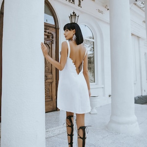 White Linen Mini Dress with Open Back, Sleeveless Summer Sundress, Minimalist Vacation Outfit for Beach or Brunch