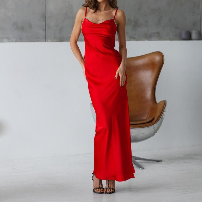 open lace back dress Elegant Red Satin High Neck Slit Long Mermaid Prom Dress main image 0