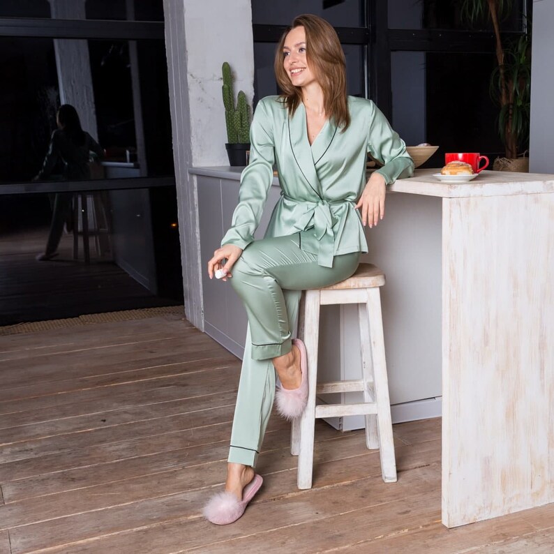 Silk Pajama Set for Women Sage Green Silk Pyjama Pajama With Etsy