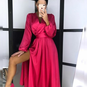 Hot pink Silk Wrap Imitation Midi Dress for Women, Silk Faux Wrap Dress with Long Sleeves, Silk Dress for Wedding Guest