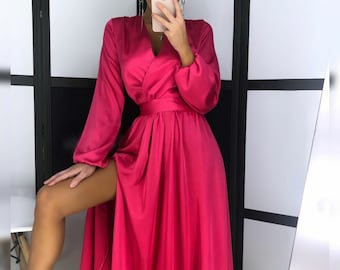 Hot pink Silk Wrap Imitation Midi Dress for Women, Silk Faux Wrap Dress with Long Sleeves, Silk Dress for Wedding Guest