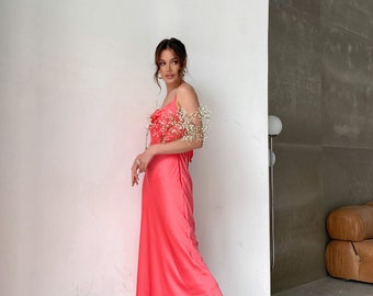 silk slip dress coral under $500 Coral Pink Bridesmaid Dress Matte Satin Size Large