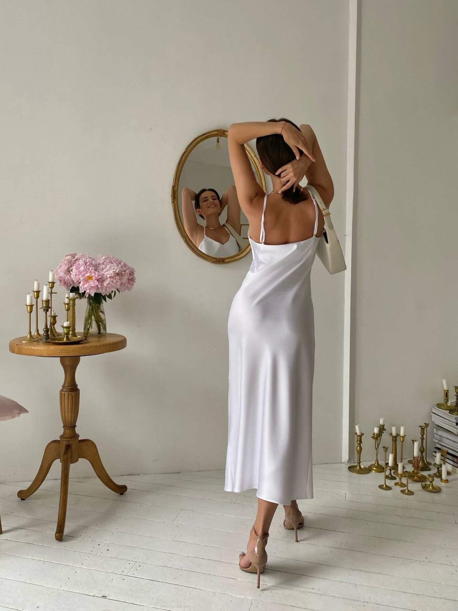 White Silk Satin Slip Dress Silk Slip Dress of Midi Length Etsy — free download