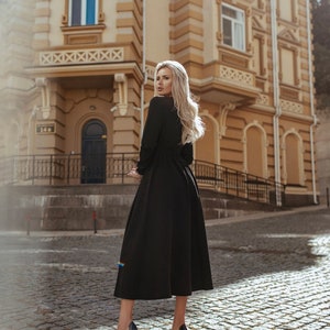 Black Midi Modest Dress for Women, Black fit and flare midi dress with circle skirt, Long Sleeve modest midi dress image 5