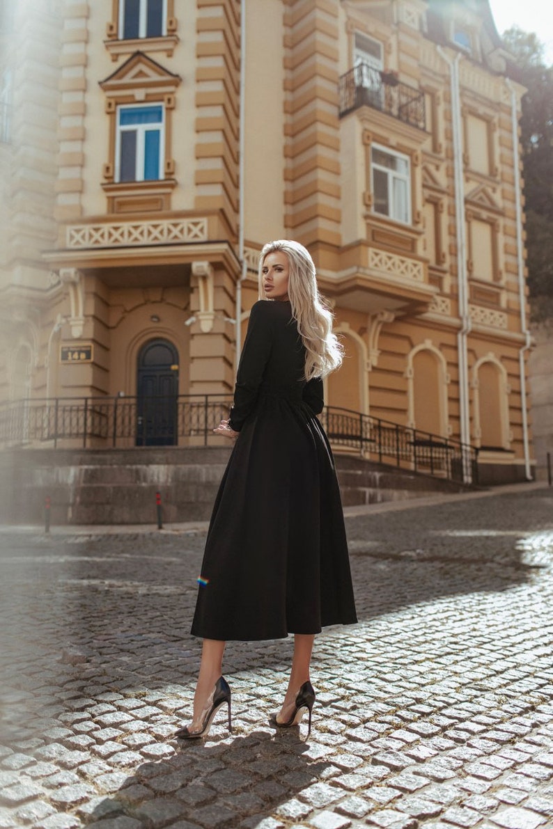 Black Midi Modest Dress for Women, Black fit and flare midi dress with circle skirt, Long Sleeve modest midi dress image 5