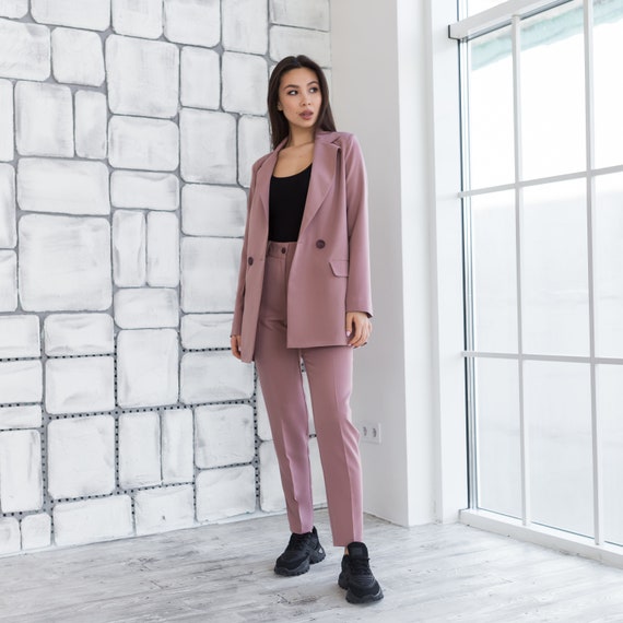 Dusty Pink Pants and Blazer Suit Set, Pink Trouser Suit Set for