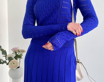 Blue Midi Hollow Out Dress with Pleated Skirt, Modest Midi Dress for Women, Knit Midi Dress Womens, Knit Modest Dress Electric Blue