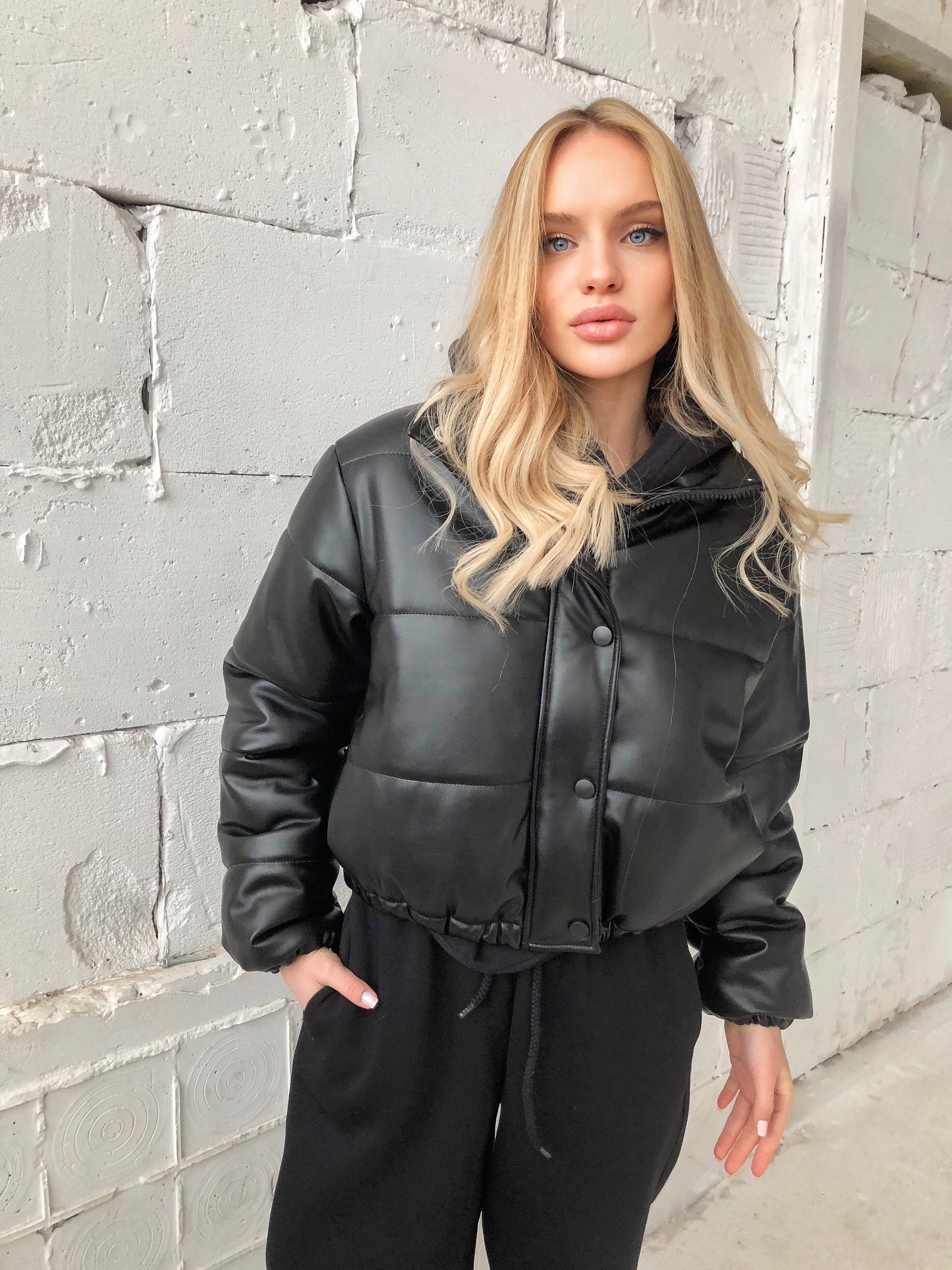 leather cropped puffer jacket