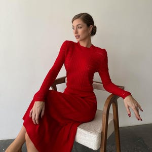 Red Midi Hollow Out Dress with Pleated Skirt, Cherry Red Knit Modest Dress, Knit Midi Dress for Fall, Red Knitted Gown for Women
