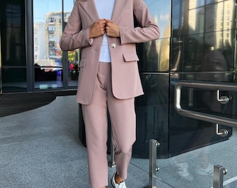 Altrosa Hosenanzug, Viskose Blazer Set, Damenanzug