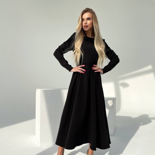 Black Midi Modest Dress for Women, Black fit and flare midi dress with circle skirt, Long Sleeve modest midi dress