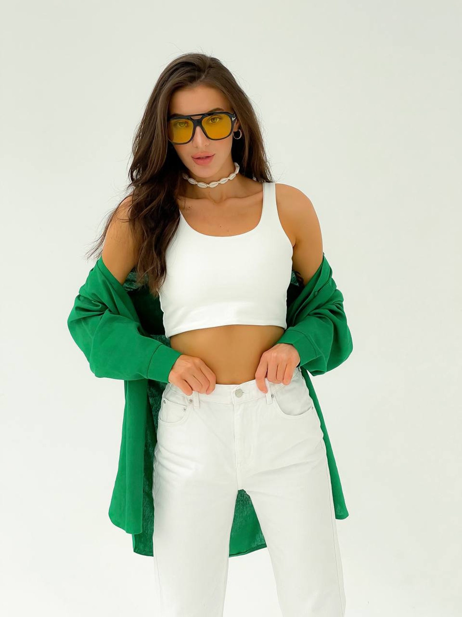 Green Linen Loose Fit T Shirt With Round Neck And High Low Hem For Autumn Unisex main image 1