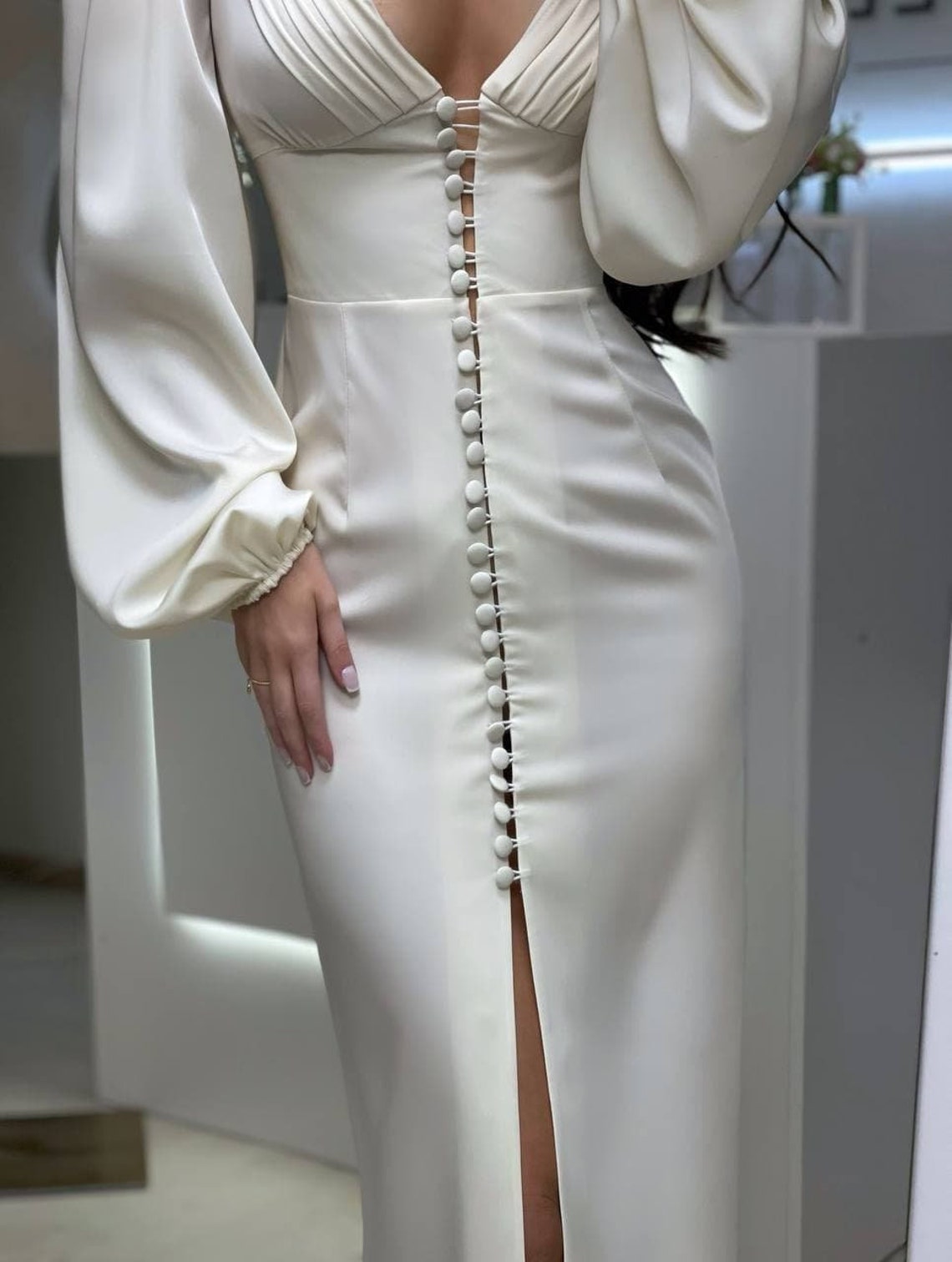 Cream White Satin Midi Bodycon Dress With Front Buttons and - Etsy