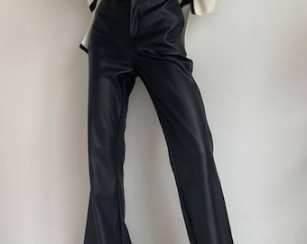 Black faux Leather extra long flared Pants for Women