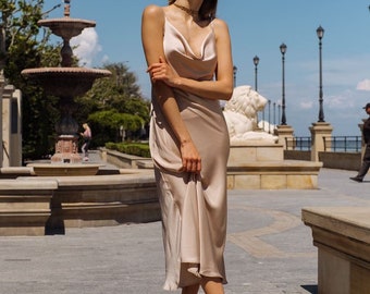 Silk Slip Women’s Dress, White Silk Slip Dress, Cowl Neck Silk Elegant Dress, Silk Dress for Special Occasions and Celebrations, Satin Silk