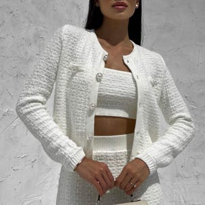 White 3 Piece Tweed Skirt Suit Set, Clean Girl Aesthetic, Elegant Blazer, Cropped Top and Skirt Co-ord, Classy Office or Brunch Outfit
