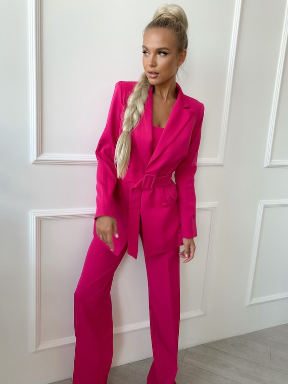 Hot Pink Blazer Trouser Suit Set for Women, Pink Pantsuit With Oversized  Blazer and Wide Leg Pants, Women's Business Suit Pink 