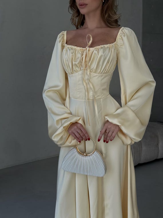Cream Yellow Satin Maxi Dress With Corset Bodice and Long Bishop Sleeves -  Etsy Canada