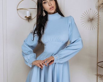 Light Blue Midi Dress with Long Sleeves and Circle Skirt, Blue Modest Engagement Dress, Midi Wedding Guest Dress with Sleeves