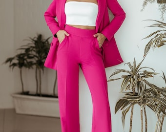 Hot Pink Blazer Trouser Suit Set for Tall Women