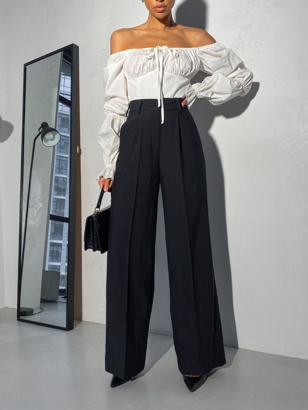 Black Palazzo Pants for Women, Black High Waist Pants, Black Wide Leg
