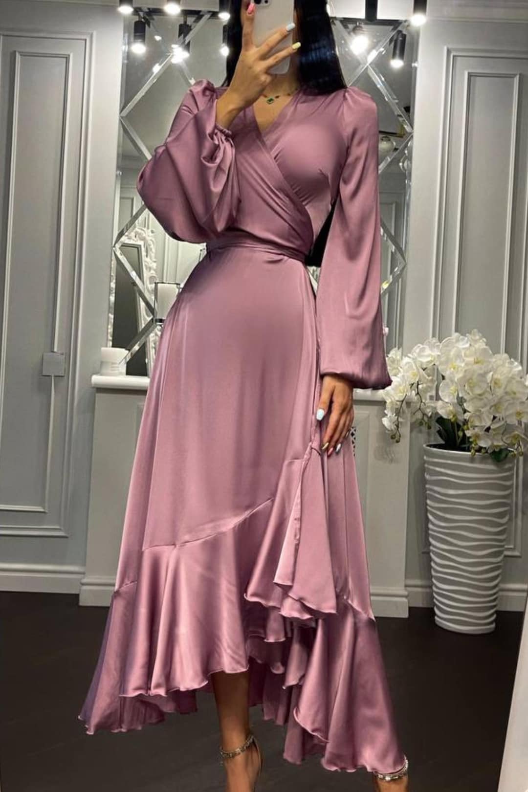 Dusty rose Silk Wrap Midi Dress: Long Sleeve ruffle bottom Gown Dusty rose Silk Wrap Midi Dress: Long Sleeve ruffle bottom Gown