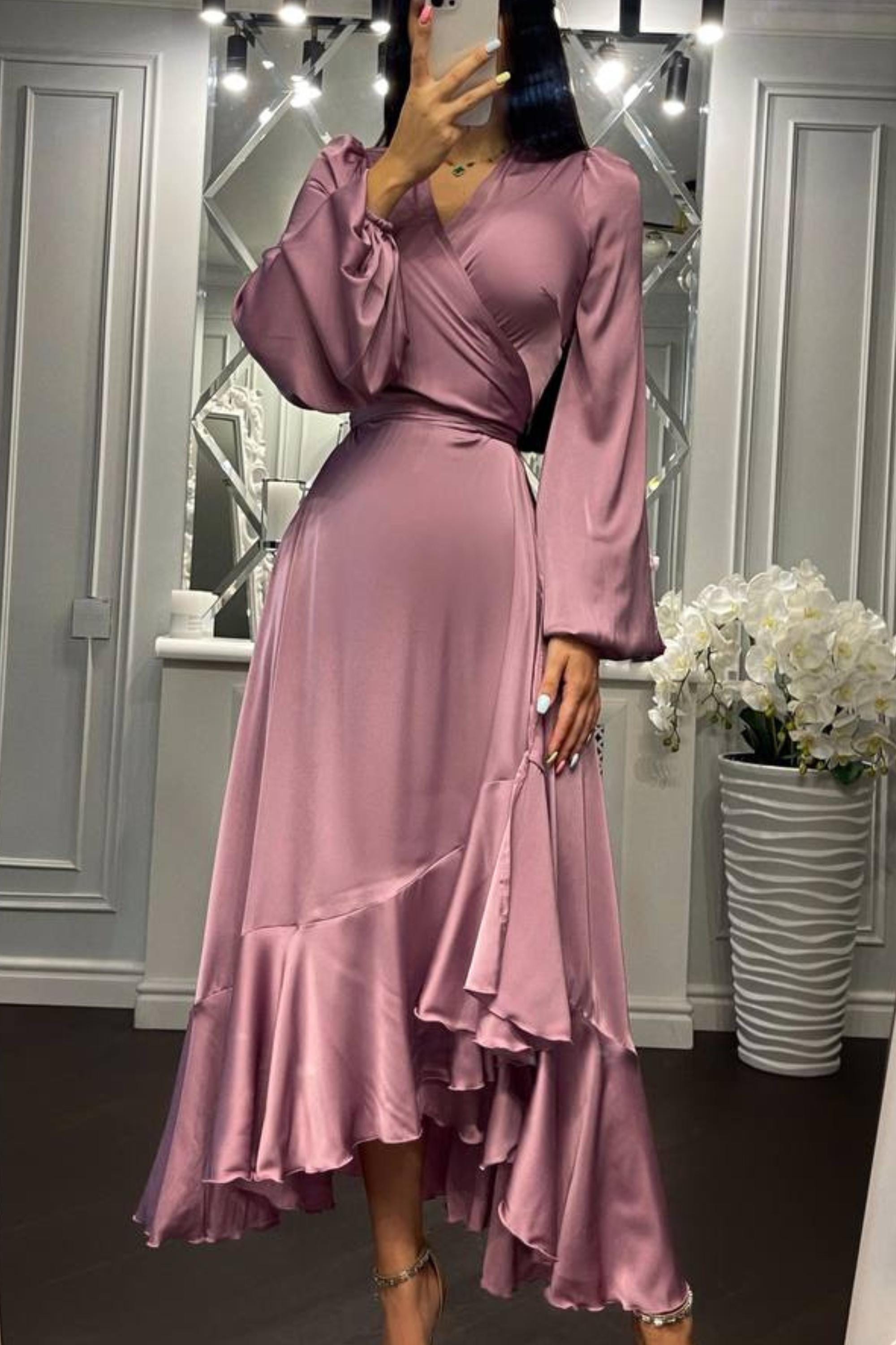 Dusty rose Silk Wrap Midi Dress: Long Sleeve ruffle bottom Gown