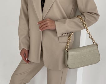 Nude Beige Faux Leather Blazer and Flared Pants suit set for Women