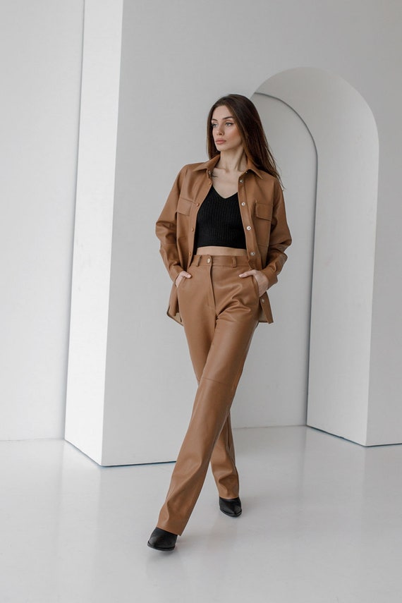 Natural Slacks and Chinos Skinny trousers Kiton Leather Trouser in Camel Womens Clothing Trousers 