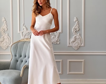 White Silk Slip Midi Dress with a Sweetheart Neck and Adjustable Straps