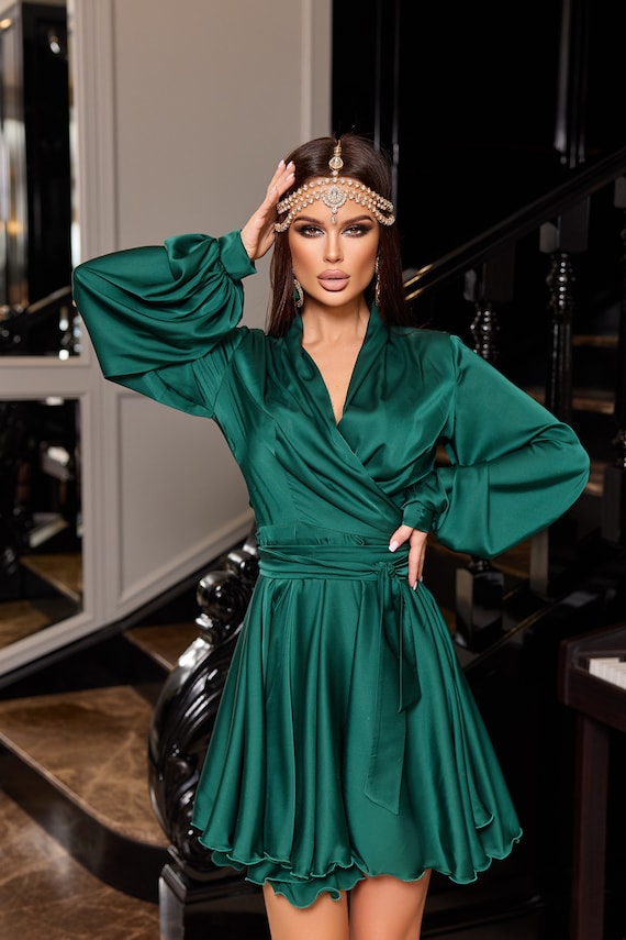 Emerald Silk Wrap Mini Dress Special ...