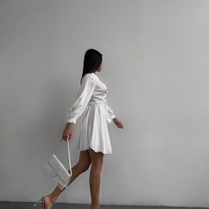 White Silk Wrap Dress Silk Mini Dress Wrap Style, White Elopement Mini Silk Dress with Bracelet Sleeves, Civil Wedding Mini Dress image 2