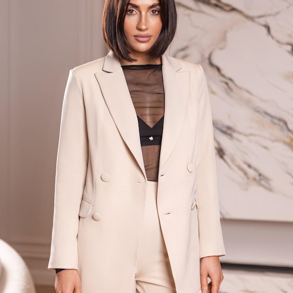 Cream Beige Pantsuit for tall Women, belted Blazer and extra long Trousers