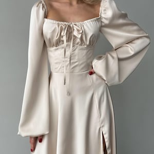 Beige Silk Maxi Dress with side slit and bishop sleeves, Beige Elegant Silk Dress with Long Sleeves, Silk Modest Maxi Dress Womens