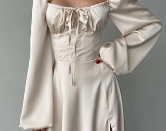 Beige Silk Maxi Dress with side slit and bishop sleeves, Beige Elegant Silk Dress with Long Sleeves, Silk Modest Maxi Dress Womens