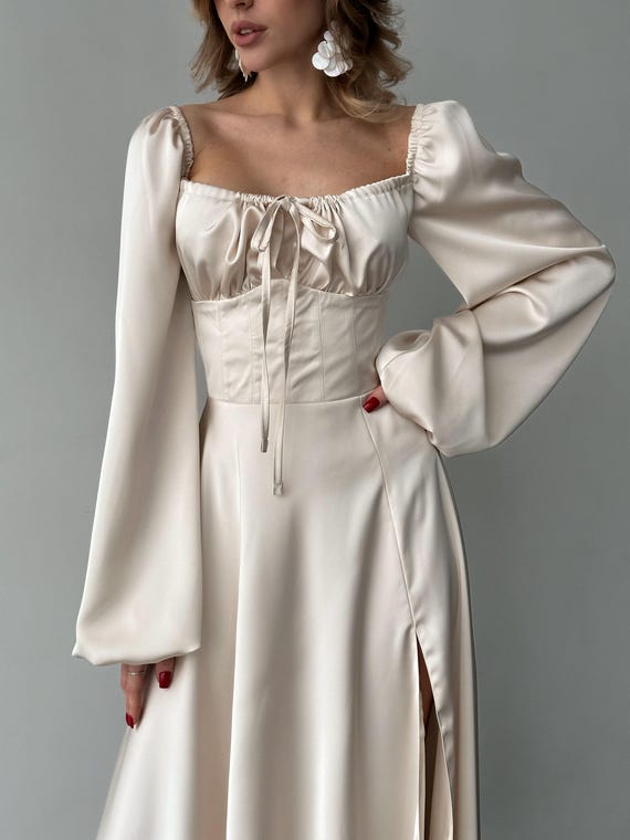 Beige Silk Maxi Dress With Side Slit and Bishop Sleeves, Beige Elegant Silk Dress With Long Sleeves, Silk Modest Maxi Dress Womens - Etsy Denmark Beige Silk Maxi Dress With Side Slit and Bishop Sleeves, Beige Elegant Silk Dress With Long Sleeves, Silk Modest Maxi Dress Womens - Etsy Denmark