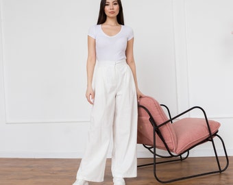 White Linen palazzo pants for women linen pants for women linen wide leg pants casual summer pants for women linen high rise pants