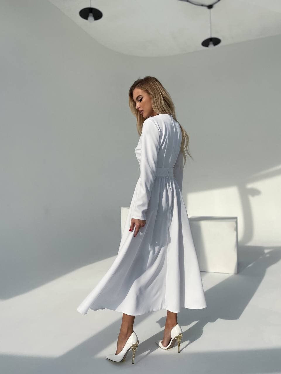 White Modest Midi Dress for Civil Wedding, Courthouse Wedding Midi Dress with Sleeves, White Midi Circle Skirt Dress for Women