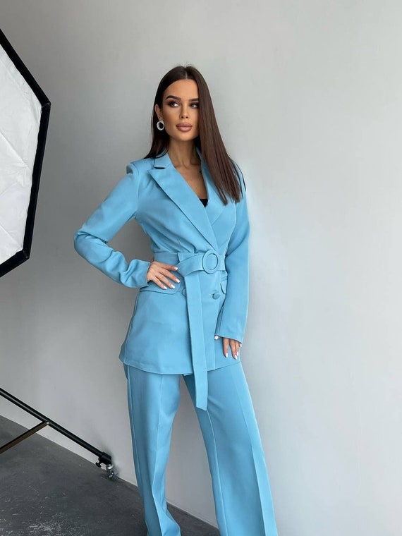 Light Blue Pantsuit for Women, Blazer Trouser Suit Set for Women