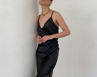 Black Silk Slip Dress for Women, Silk Slip for Bridesmaids, Deep V-neck Silk Slip for Special Occasions, Classic Midi Silk Slip Dress