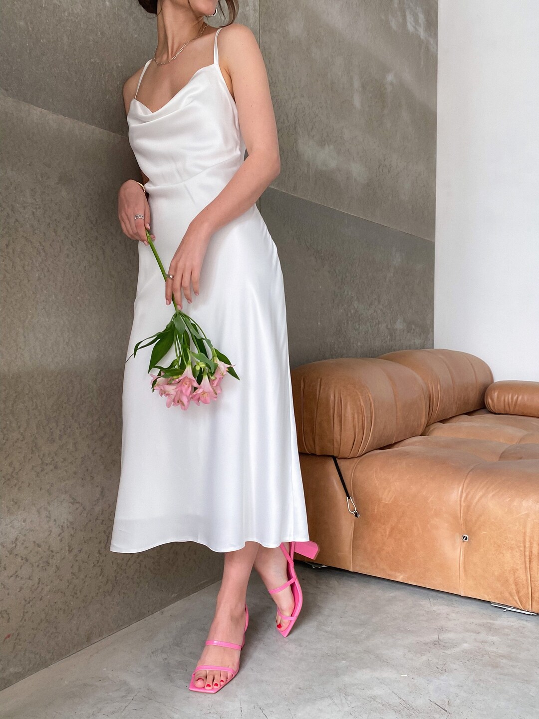 White Silk Slip Dress With Cowl Neck and Open Back, White Silk Midi