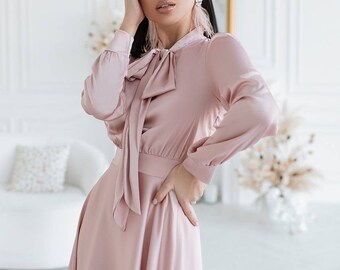 Buy Dusty Pink Silk Midi Dress, Bow Tie Neck, Long Sleeve Modest Dress Online in India - Etsy Buy Dusty Pink Silk Midi Dress, Bow Tie Neck, Long Sleeve Modest Dress Online in India - Etsy