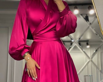 Fuchsia Silk Wrap Mini Dress, Wedding Guest Silk Dress, Pink Silk Wrap Dress for Special Occasions, Girls Night Out Mini dress with Sleeves