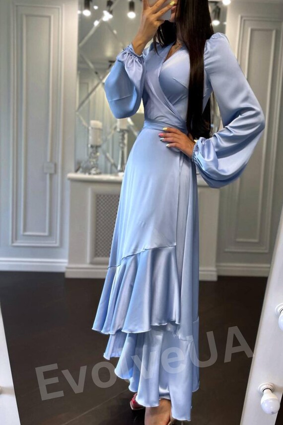 sachin and babi light blue dress Open Back Chiffon Bridesmaid Dress with Lace Sleeves TBQP513