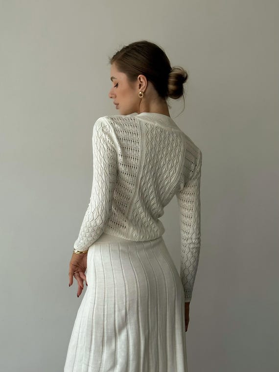 white sleeved knit midi dress White Openwork Knit Midi Dress With Semi-sheer Long Sleeves