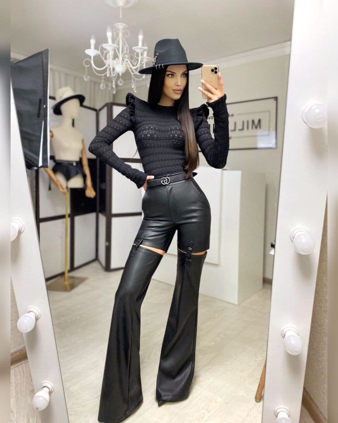 Leather bell hotsell bottom pants