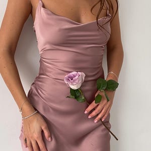 Dusty Rose Silk Slip Midi Dress with Lace Up Back