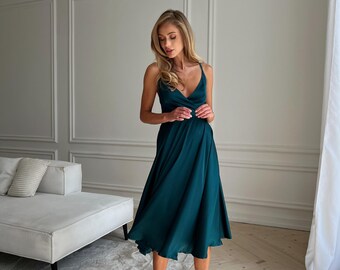 Emerald Green Silk Slip Dress, Open Back Midi, Wedding Guest Emerald Green Silk Slip Dress, Open Back Midi, Wedding Guest